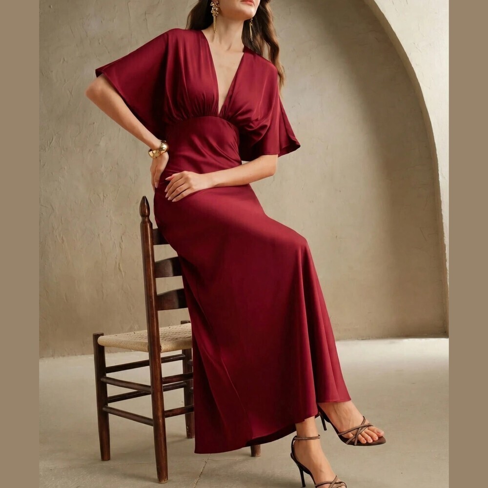 Burgundy Satin Deep V Maxi Dress with Flutter Sleeves - Picture 2 of 7